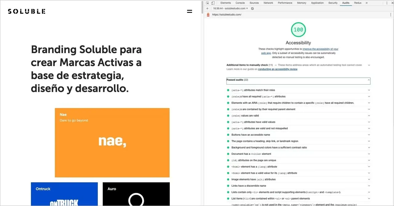 Lighthouse accessibility test on soluble page